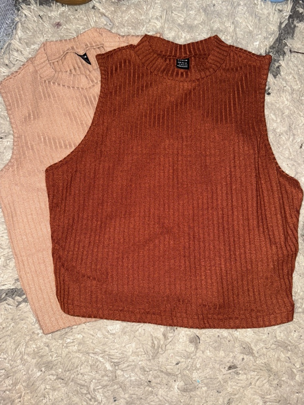 Two Ribbed Sleeveless Knit Tops - Rust & Beige